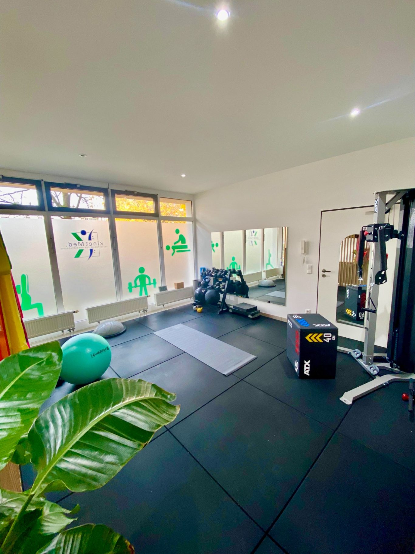 Lichtdurchflutete Sportfläche mit Seilzug, Pezziball, Yogamatte und weiteren Behandlungsgeräten für Krankengymnastik und KGG.